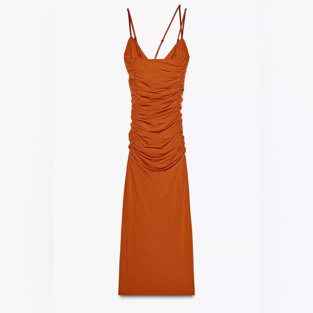 Zara Rust Orange Ruched Maxi Dress - Picture 3 of 4